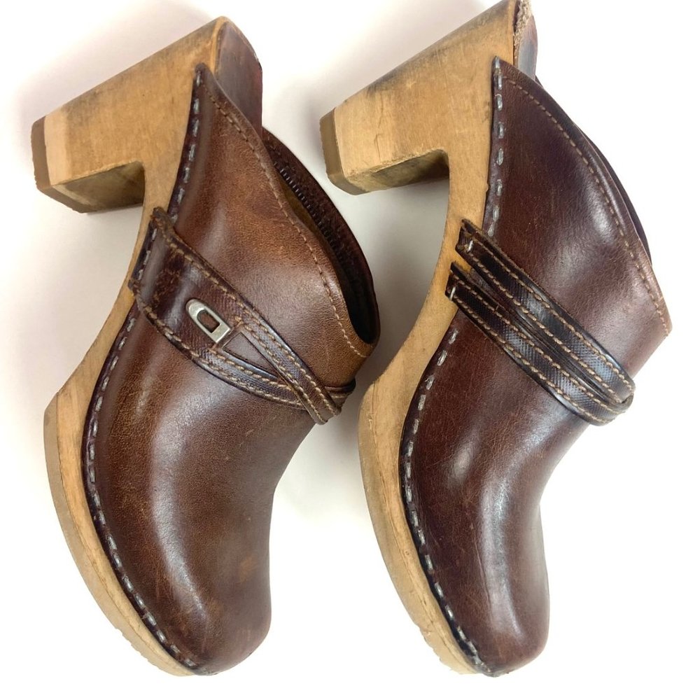 Vintage 1970's Brown Leather Clog Shoes Women's Size 6